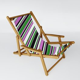 [ Thumbnail: Forest Green, Orchid, Black & White Colored Striped/Lined Pattern Sling Chair ]