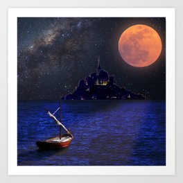 Fantasy location of a sealboat on the sea  by night Art Print