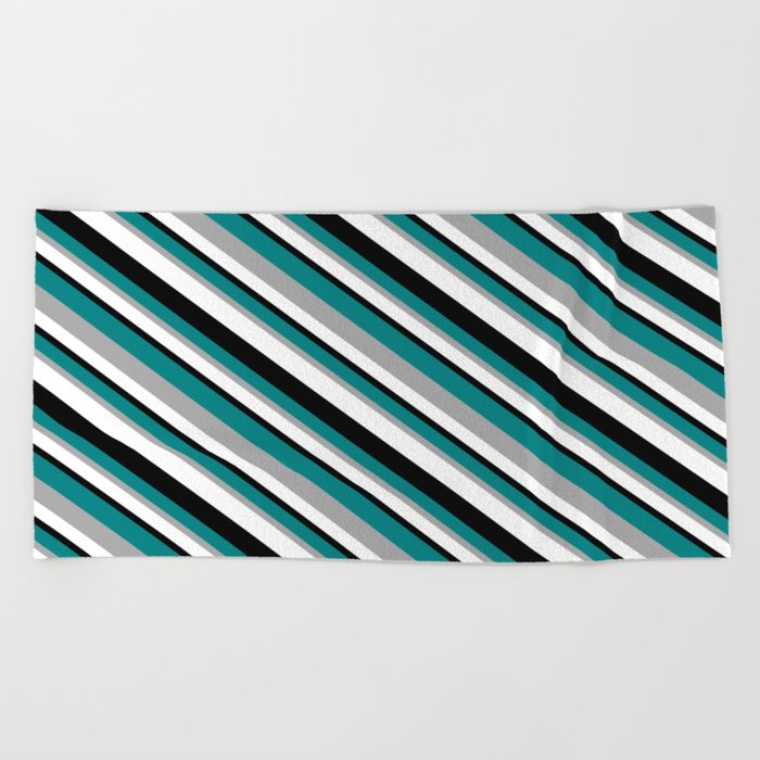 Teal, Dark Grey, White, and Black Colored Lines/Stripes Pattern Beach Towel