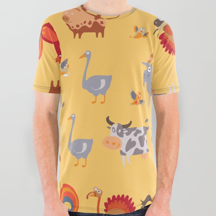 Zoo Animals Doodle Seamless Pattern Light Yellow All Over Graphic