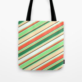 [ Thumbnail: Colorful Red, Sea Green, Mint Cream, Light Green & Beige Colored Lined/Striped Pattern Tote Bag ]
