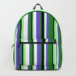 [ Thumbnail: Colorful Forest Green, Slate Blue, White, Green, and Black Colored Stripes Pattern Backpack ]