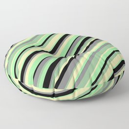 [ Thumbnail: Eye-catching Dark Sea Green, Pale Goldenrod, Green, Black, and Gray Colored Stripes Pattern Floor Pillow ]