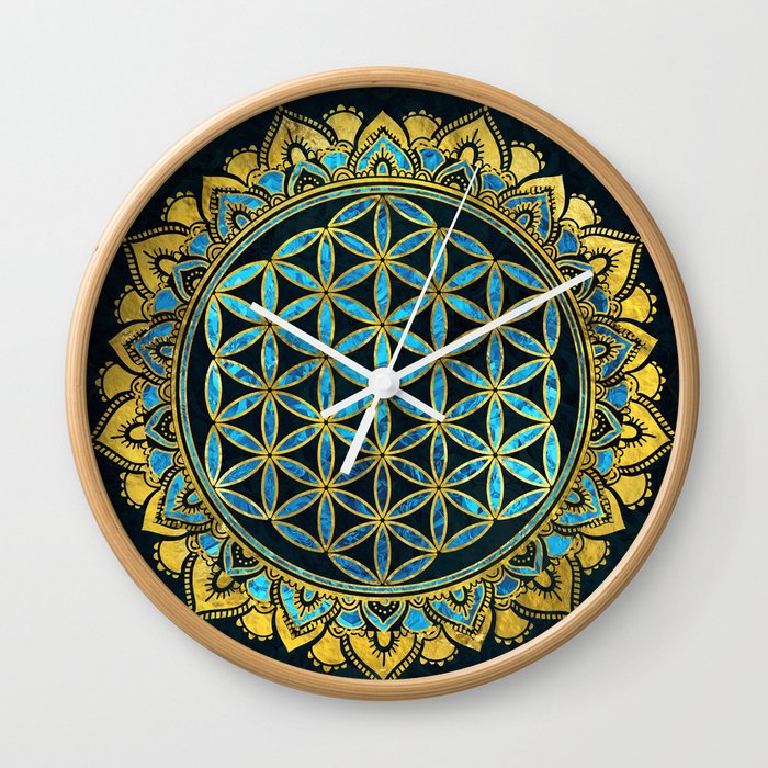 Flower of life gold an blue texture  glass Wall Clock