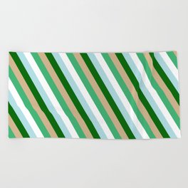 [ Thumbnail: Eye-catching Tan, Sea Green, White, Powder Blue, and Dark Green Colored Pattern of Stripes Beach Towel ]