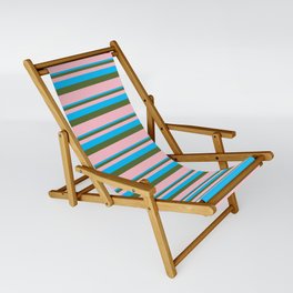 [ Thumbnail: Deep Sky Blue, Dark Olive Green & Pink Colored Lined/Striped Pattern Sling Chair ]