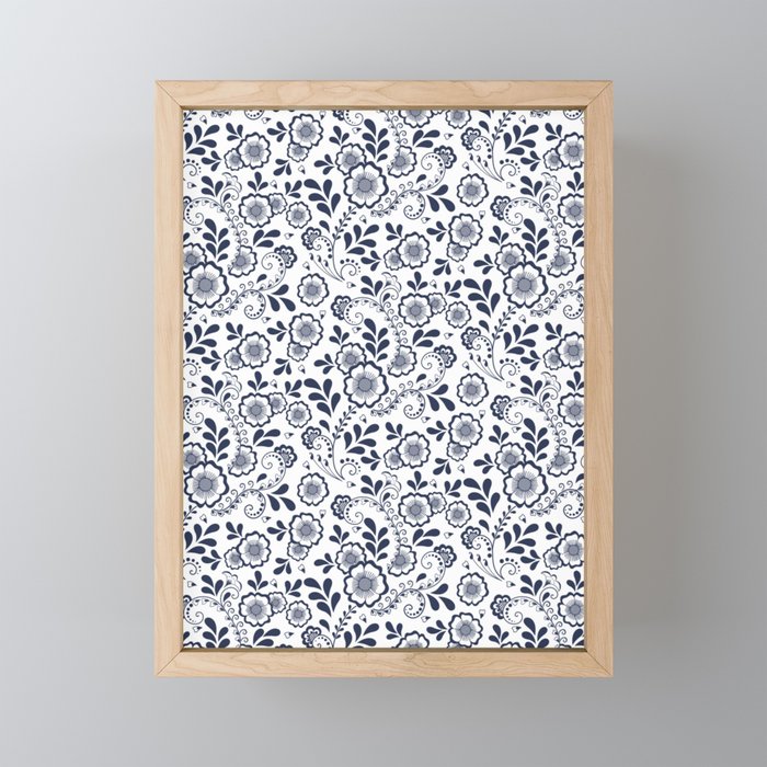 Navy Blue Eastern Floral Pattern Framed Mini Art Print