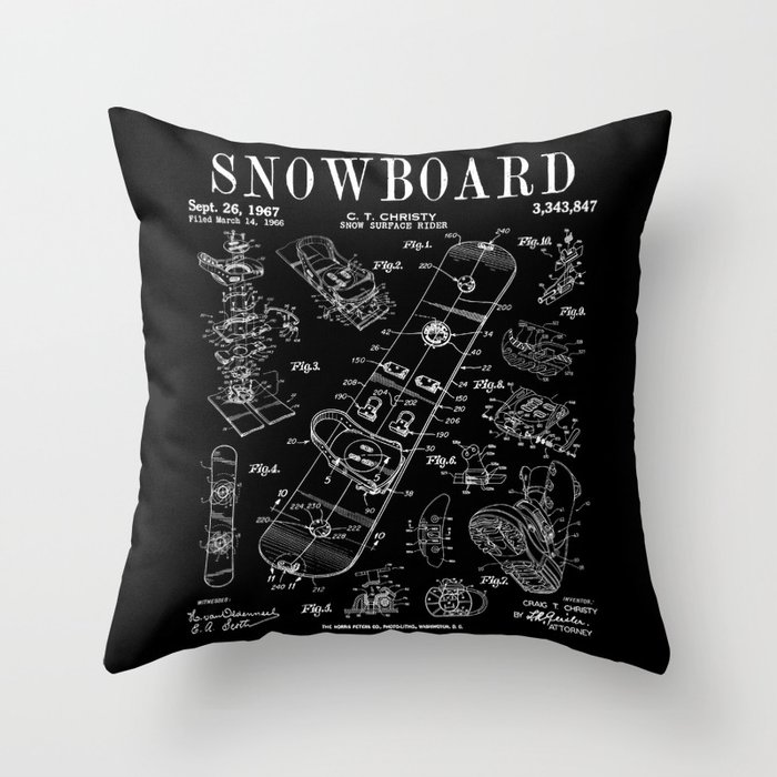 Snowboard Winter Snowboarding Vintage Patent Drawing Print Throw Pillow