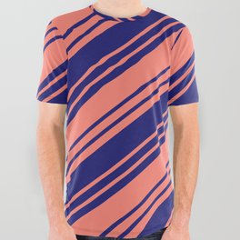 [ Thumbnail: Salmon & Midnight Blue Colored Stripes/Lines Pattern All Over Graphic Tee ]