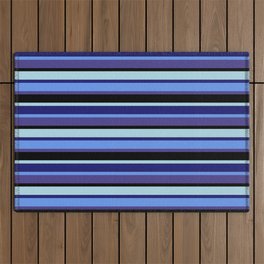 [ Thumbnail: Light Blue, Midnight Blue, Cornflower Blue, Dark Slate Blue & Black Colored Striped/Lined Pattern Outdoor Rug ]