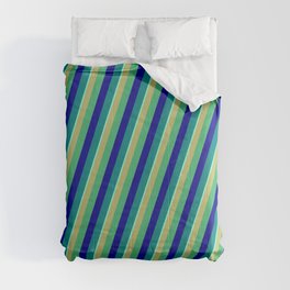 [ Thumbnail: Vibrant Dark Khaki, Sea Green, Dark Blue, Teal & Aquamarine Colored Striped Pattern Comforter ]