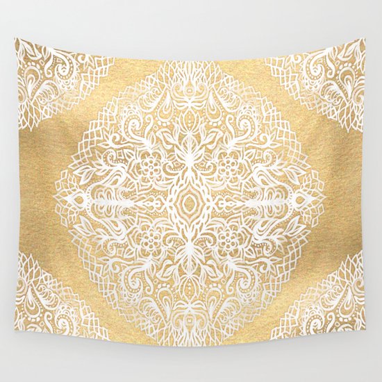 White Gouache Doodle on Gold Paint Wall Tapestry