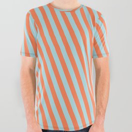 [ Thumbnail: Coral and Powder Blue Colored Lined/Striped Pattern All Over Graphic Tee ]
