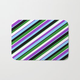 [ Thumbnail: Dark Orchid, Light Sky Blue, Black, Forest Green, and White Colored Lines Pattern Bath Mat ]