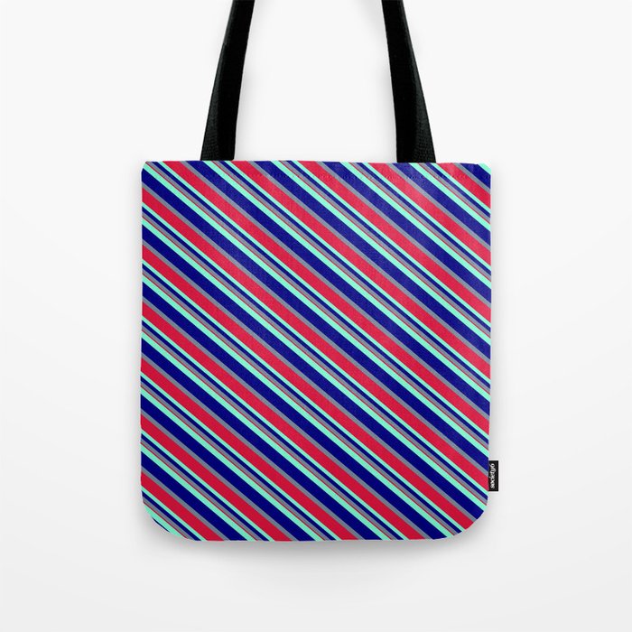 Aquamarine, Blue, Light Slate Gray & Crimson Colored Lines/Stripes Pattern Tote Bag