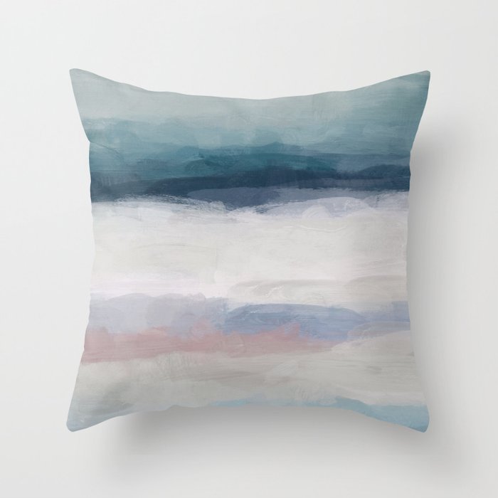 Lullaby Waves III - Dark Teal Blue White Pink Light Blue Modern Art, Ocean Waves Nursery Beach Throw Pillow