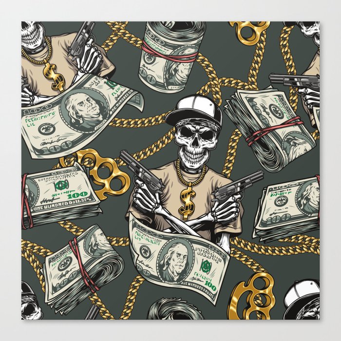 Colorful vintage money seamless pattern with gold chains knuckles dollar banknotes skeleton gangster wearing dollar sign pendant and holding guns vintage illustration Canvas Print