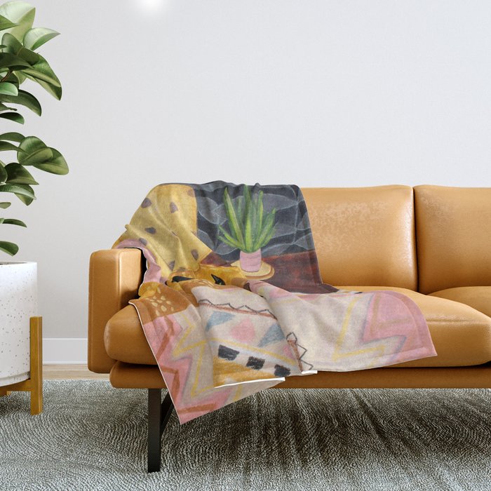 Black Cat On Mustard Yellow Sofa Painting By Tascha Throw Blanket