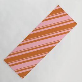 [ Thumbnail: Light Pink & Chocolate Colored Striped Pattern Yoga Mat ]