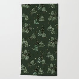 Starry night pine trees christmas pattern Beach Towel
