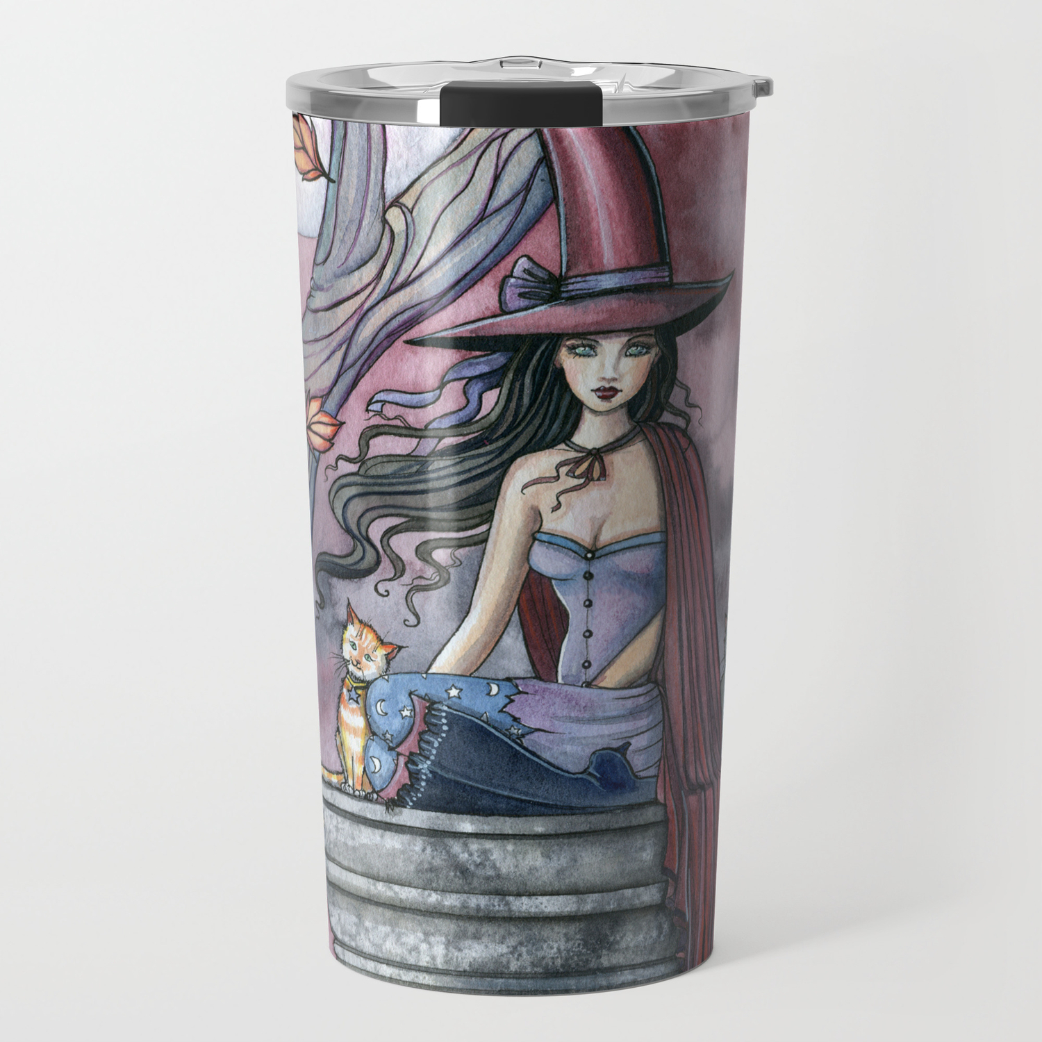 October Winds Fantasy Witch And Cats Halloween Art Travel Mug By