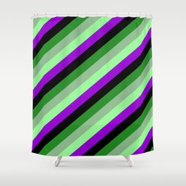 [ Thumbnail: Forest Green, Dark Sea Green, Green, Dark Violet, and Black Colored Stripes/Lines Pattern Shower Curtain ]