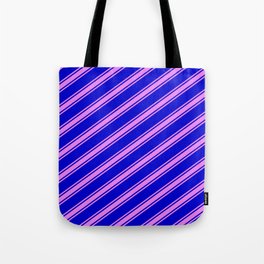 [ Thumbnail: Blue and Violet Colored Stripes/Lines Pattern Tote Bag ]
