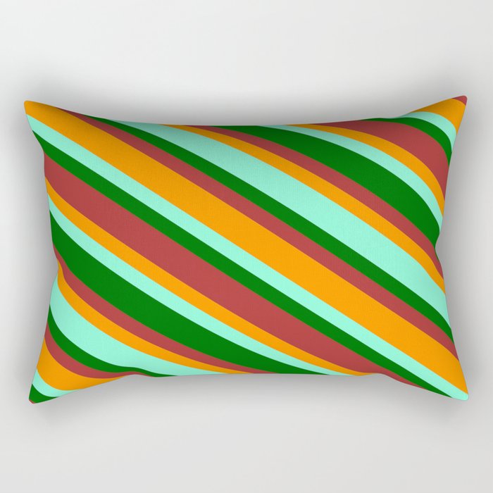 Aquamarine, Dark Green, Brown & Dark Orange Colored Pattern of Stripes Rectangular Pillow
