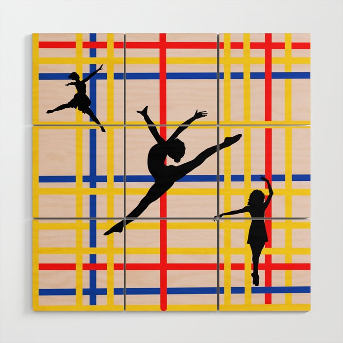 Dancing like Piet Mondrian - New York City I. Red, yellow, and Blue lines on the light pink background Wood Wall Art