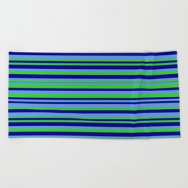 [ Thumbnail: Cornflower Blue, Lime Green, and Blue Colored Striped/Lined Pattern Beach Towel ]
