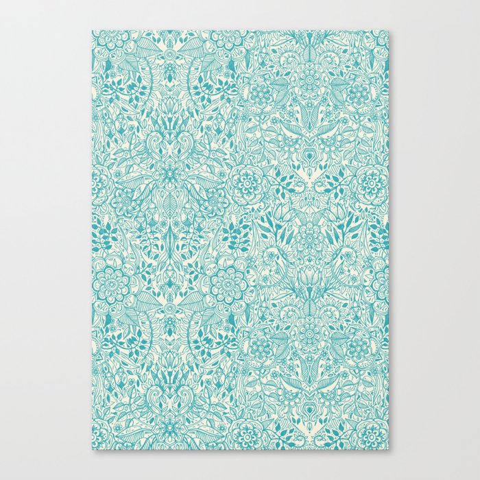 Detailed Floral Pattern in Teal and Cream Canvas Print