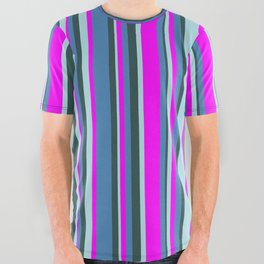 [ Thumbnail: Fuchsia, Blue, Dark Slate Gray, and Powder Blue Colored Lines/Stripes Pattern All Over Graphic Tee ]