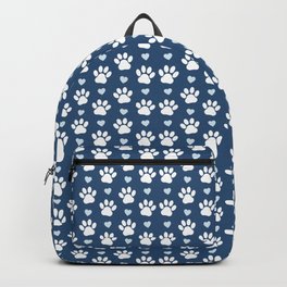 Pattern Of Paws, Dog Paws, White Paws, Blue Hearts Backpack
