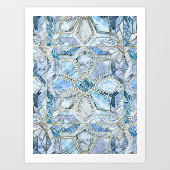 Geometric Gilded Stone Tiles in Soft Blues Art Print