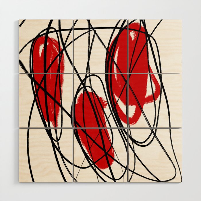 Three Circle Red, Black, and White Minimalist Abstract Linear Dot Painting Wood Wall Art