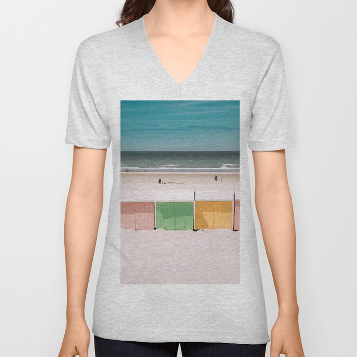Beach Cabins North Sea V Neck T Shirt