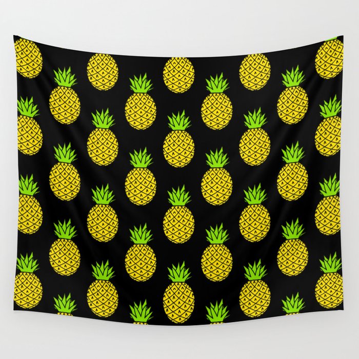 Tropical Pineapples on Black Wall Tapestry