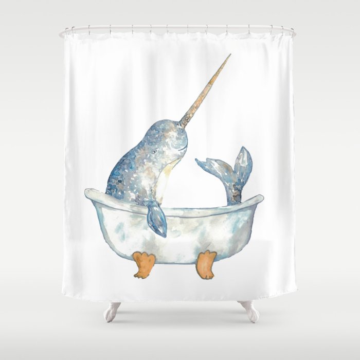  Narwhal whale taking bath watercolor Shower Curtain