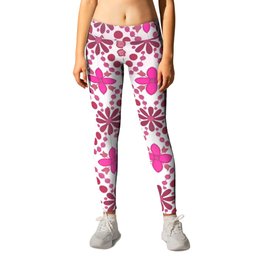 Magenta pink retro 1970's vintage style abstract floral  Leggings