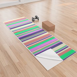 [ Thumbnail: Vibrant Light Coral, Green, Violet, Dark Slate Blue, and Light Yellow Colored Pattern of Stripes Yoga Towel ]