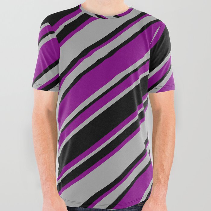 Purple, Dark Gray & Black Colored Striped/Lined Pattern All Over Graphic Tee