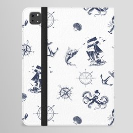 Navy Blue Silhouettes Of Vintage Nautical Pattern iPad Folio Case