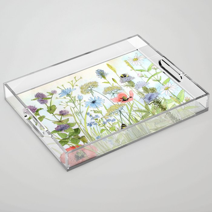 Floral Watercolor Botanical Cottage Garden Flowers Bees Nature Art by Between The Weeds on Laptop 