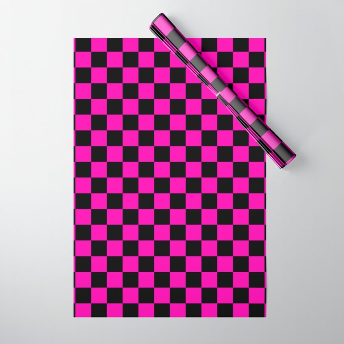 Large Hot Neon Pink and Black Racing Car Check Wrapping Paper by PodArtist