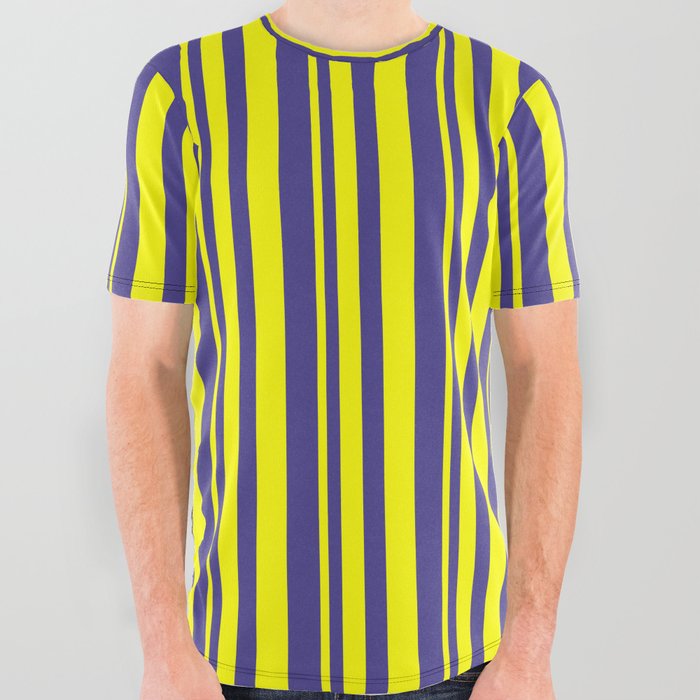 Yellow and Dark Slate Blue Colored Striped Pattern All Over Graphic Tee