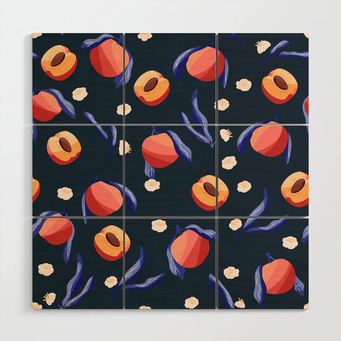 Seamless pattern with hand drawn peaches and floral elements VECTOR Wood Wall Art