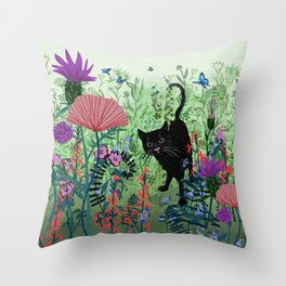 Black Cat in Garden Throw Pillow