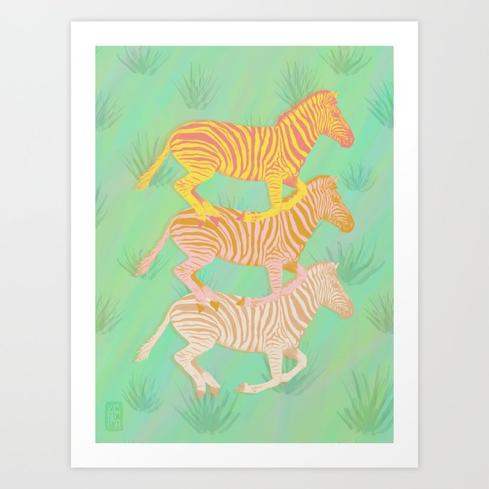 Zebras on Green Art Print