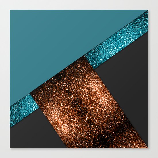 Aqua blue and bronze sparkles modern color block art Canvas Print