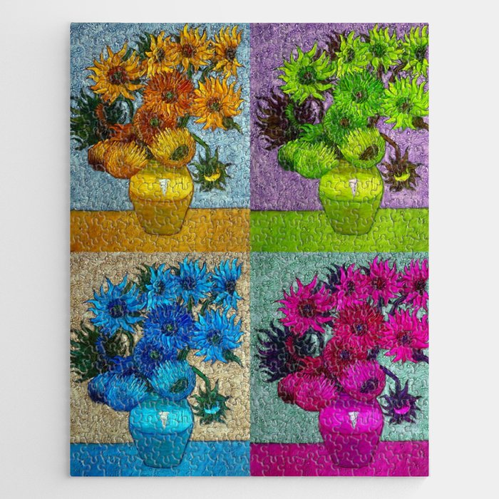 Vincent van Gogh Twelve Sunflowers in a vase still life colorful four-color collage portrait painting with pink, blue, and green sunflowers Jigsaw Puzzle
